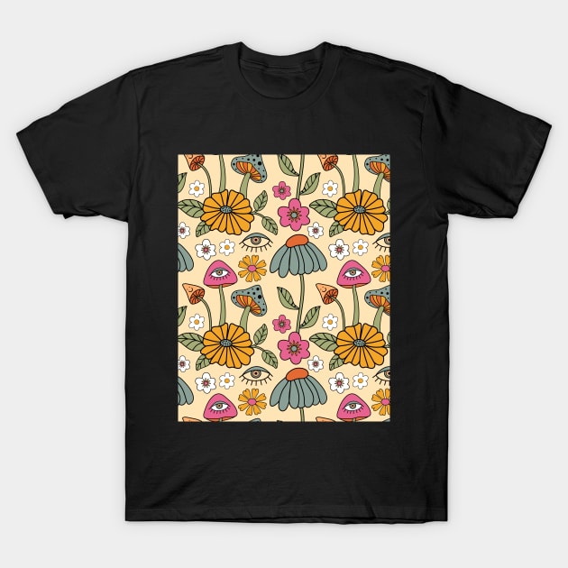 Retro Floral Mushrooms Pattern T-Shirt by Teewyld